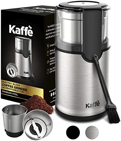 Kaffe Electric Blade Coffee Grinder w/Removable Cup. 4.5oz 14-Cup Capacity. Cleaning Brush Included. Perfect Grinder for Coffee, Tea, Spices, Corn, Herbs. (Stainless Steel)