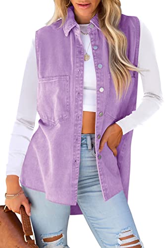 Senserise Womens Denim Vest Lightweight Military Anorak Cargo Vest Sleeveless Jean Jacket(02-Purple,S) #TOP14