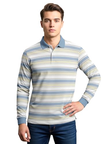 Image of BULLMER White Striped Printed Polo Neck Fullsleeve Tshirt with Rib for Men.