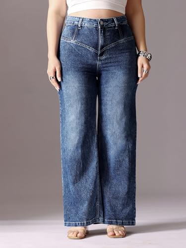 Image of Miss Chase A+ Women's Wide-Leg High-Rise Regular-Length Stretchable Cargo Denim Jeans