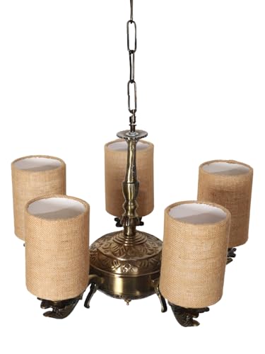 Image of Devansh 05 Lights Beige Jute Round Shade with Antique Golden Chandelier