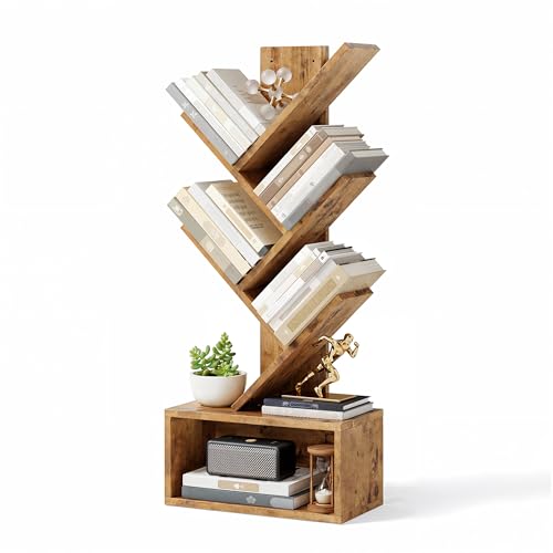Xbro Estantería de Árbol,Librería de 5 Niveles,Estanteria Libros de CD DVD,Librería con Cajones,Estanterias para Libros Vertical para Salón,Sala de Estar,Oficina,39 x 19.5 x 89.5 cm,Marrón Vintage