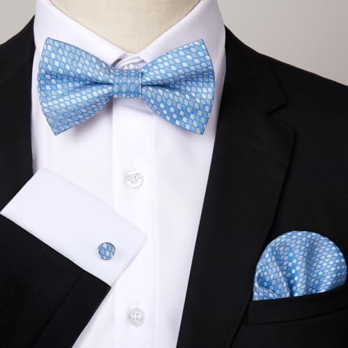 Image of HISDERN Mens Plaid Bow Tie Set Pocket Square and Cufflinks Bowtie