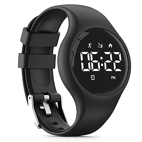 Focwony LED Digital Waterproof Pedometer Watch, Non-bluetooth Fitness Tracker, Step Counter, Distance, Vibrating alarm clock, Stopwatch, Great Gift for for Kids Childrens Teens Girls Boys (Black)