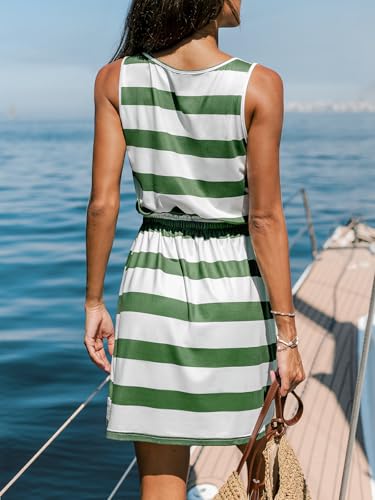 Image of CUPSHE Women Knit Colorblock Stripe Summer Dress Crew Neck Waist Tie Multicolor Casual Sundress Beach Holiday Mini Dress
