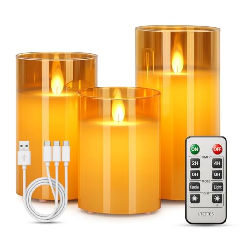 Image of LTETTES LED Glass Cup Pillar Flameless Electric Candles | Flickering Faux Wick | White Color Glass | Battery Powered with Multifunctional Remote Controller for Home Decor | Set of 3 3 inch D x 4 inch,5 inch,6 inch H
