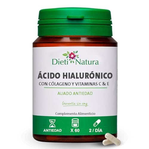 Dieti Natura 60 Cápsulas de Origen Vegetal de Ácido Hialurónico - Ácido Hialurónico con Colágeno Marino, Vitamina C y E - Para la Piel y Ariculaciones - Garantía sin OGM