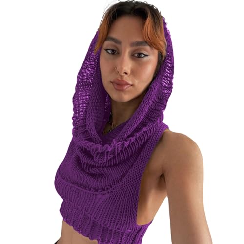 Image of Women Knitted Hoodie Sweater Vest Sexy Sleeveless Hollow Out Hooded Crop Top Streetwear Rave Oufit