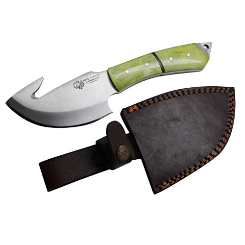 Wild Turkey Handmade Collection Full Tang Fixed Blade Gut Hook Skinner Knife w/Leather Sheath. (Green Bone)