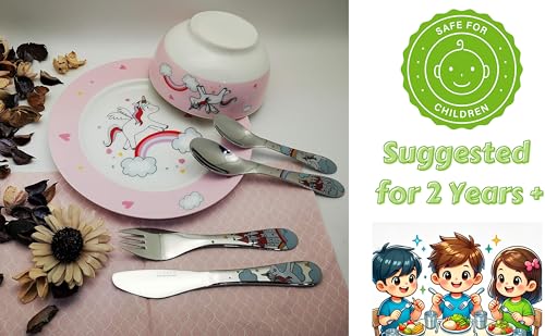 Exzact Children's Dinner Set/Cutlery Gift Set Stainless Steel Porcelain - 1 x Bowl, 1 x Plate, 1 x Dinner Knife, 1x Fork, 1 x Teaspoon,1 x Table Spoon - Unicorn - Image 3