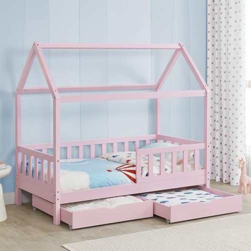 Juskys Kinderbett Marli 80 x 160 cm mit Bettkasten 2-teilig, Rausfallschutz, Lattenrost & Dach - Massivholz Hausbett für Kinder - Bett in Rosa Juskys Kinderbett Marli 80 x 160 cm mit Bettkasten 2-teilig, Rausfallschutz, Lattenrost & Dach - Massivholz Hausbett für Kinder - Bett in Rosa