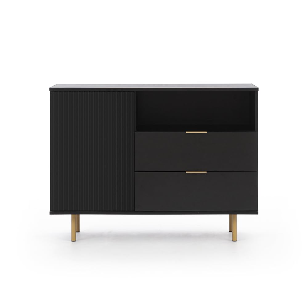 Lomadox Wohnmöbel Set Wohnwand matt schwarz 3-teilig modern 1 Kommode, 1 Lowboard, 1 Vitrine