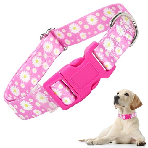Pink Daisy Dog Collar for Large Dogs, Adjustable Buckle