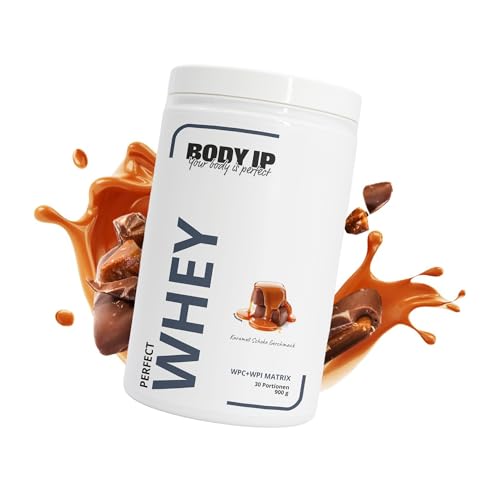 BODY IP Perfect Whey Protein Pulver | Karamell Schoko | Eiweißpulver für Protein Shake & Muskelaufbau | hoher BCAA Anteil | 30 Portionen | Whey Isolat & Konzentrat | hoher Eiweißgehalt | 900g