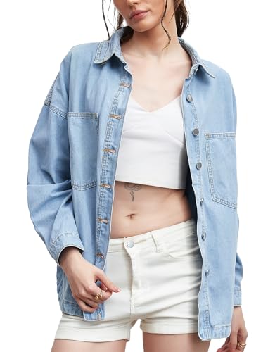 CYLADY Womens Denim Shirt Long Sleeve Oversized Boyfriend Jean Jacket Shacket Trendy Button Down Shirt