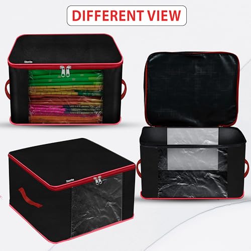 Image of Storite 5 Pack Nylon Underbed Storage Bags for Clothes with Zipper & Handle | Moisture-Proof Wardrobe Organizer Box for Sarees, Blankets & Toys | Foldable Cloth Storage Bags (Red & Black, 38x35x23 cm)