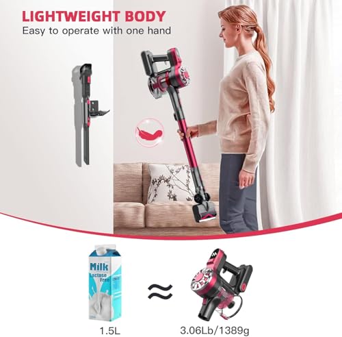 Image of WLOTPO Cordless Vacuum Cleaner for Home, Lightweight Stick Vacuum Cordless Rechargeable with Power Suction, Up to 35 Mins Runtime, Hardwood Floor Vacuum for Pet Hair, Carpets, Tile(Light Red)