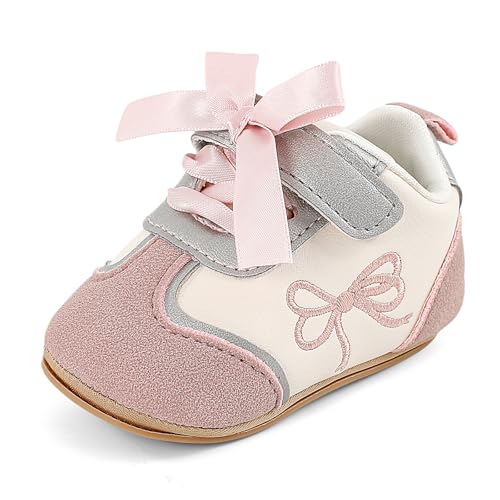MK MATT KEELY Baby Girls First Walking Shoes Toddler Infant Soft PU Leather Trainers with Anti-Slip Sole,Pink with Bow,6-12 Months
