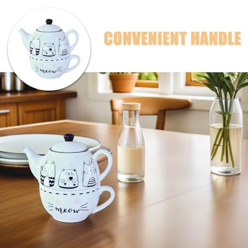 Juego de tetera y taza de cerámica apilable con forma de gato 4
