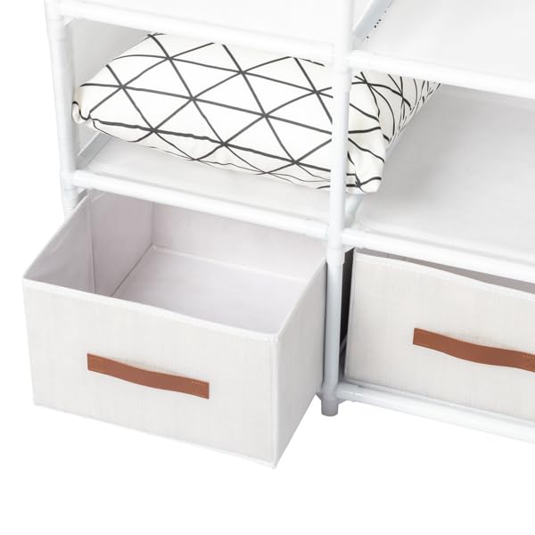 Stoffschrank 3 Kleiderstangen, freistehend, 144 cm | Kleiderschrank mit 4 Boxen & Vorhängen, moderner Aufbewahrungsschrank für Schlafzimmer, Garderobe und Retail, weiß