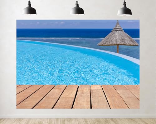 Trykid 7x5ft Infinity Pool Ocean View Thatched Umbrella Backdrop Bright Blue Water Blue Sea View Photography Background for Wedding Party Event Decoration Photo Booth Prop Fabric