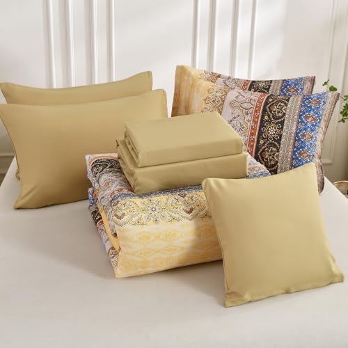 Image of Cottolester Boho Full Comforter Set 8 Pieces,Yellow Bohemian Striped Bed in a Bag,Paisley Soft Microfiber Bedding Comforter Set