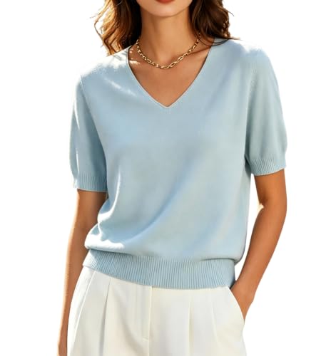 Image of DAIMIDY Women's Short Sleeve Sweater V Neck Summer Knit Tops