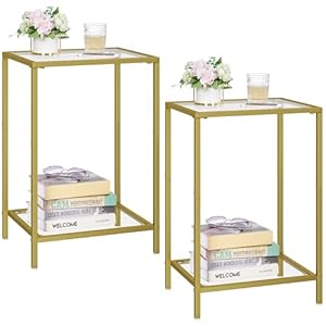 Side Tables Set of 2, End Tables with Tempered Glass, 2-Tier Nightstands with Storage Shelves, Coffee Table with Modern Style, Slim Sofa Table for Living Room, Bedroom, 11.8″ D x 15″ W, Golden