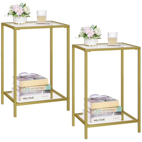 Side Tables Set of 2, End Tables with Tempered Glass, 2-Tier Nightstands with Storage Shelves, Coffee Table with Modern Style, Slim Sofa Table for Living Room, Bedroom, 11.8″ D x 15″ W, Golden