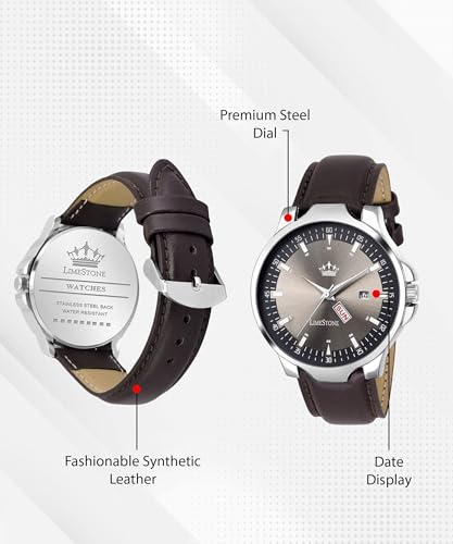 Image of LIMESTONE Men's Analog Quartz Watch with Day & Date Display, Leather /Silicone Strap - Casual & Formal Wrist Watch for Men