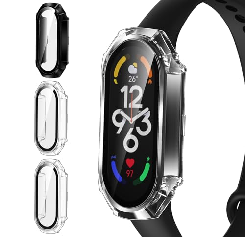 ivoler 3 Piezas Funda Dura PC para Xiaomi Smart Band 10/9 / 8, Protección Completa Protector de Pantalla de Cristal Vidrio Templado Antigolpes Anti-arañazos Estuche Carcasa, 2 Transparente + 1 Negro
