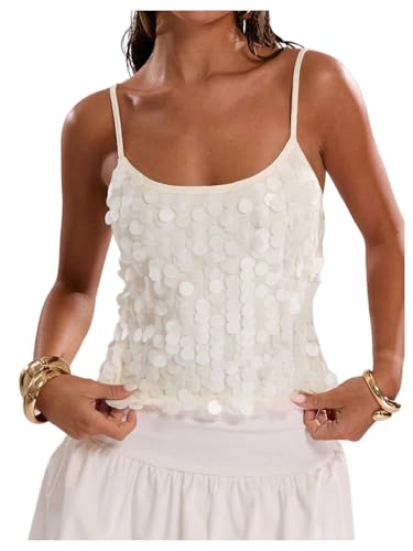 SOLY HUX Women's Sequin Cami Tops Spaghetti Strap Scoop Neck Summer Camisole Going Out Party Club Top Plain White Medium