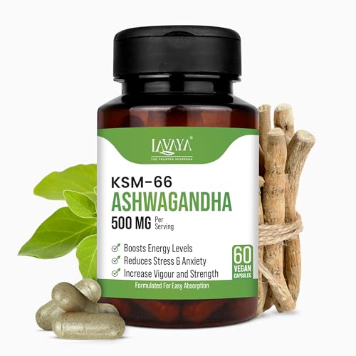 Lavaya Ashwagandha KSM-66 Capsule 500 MG - For Extra Strength & Power | For Stress Relief & Athletic Support | 5% Withanolides (Withania Somnifera Extract) | Natural & Pure - 60 Veg Capsules