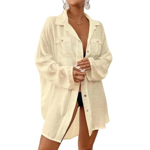 Bsubseach Women Button Down Beach Shirt Cover Up for Swimwear Blouse Tops Without Tie-ivory White