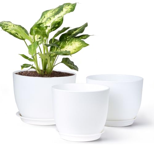 Gardrium Kunststoff Blumentopf Pflanzentopfs mit Untersetzer (22,9-20,3-19 cm) 3er-Set, Plastik Übertopf Kräutertopf mit Ablauflöchern, Rund Pflanzkübel für Innenbereich und Balkon, weiß