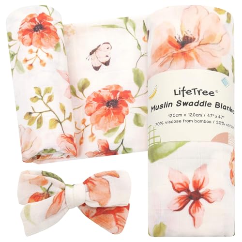 Image of LifeTree Baby Muslin Swaddle Blankets for Boys & Girls, Newborn Swaddle Set with Matching Headband Bow, Infant Blanket Wrap, 47 x 47 inches, Butterfly Floral, 70% Viscose from Bamboo and 30% Cotton