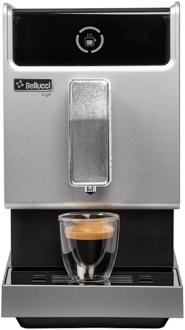 Bellucci Slim Caffè espresso machine brewing coffee into a glass cup