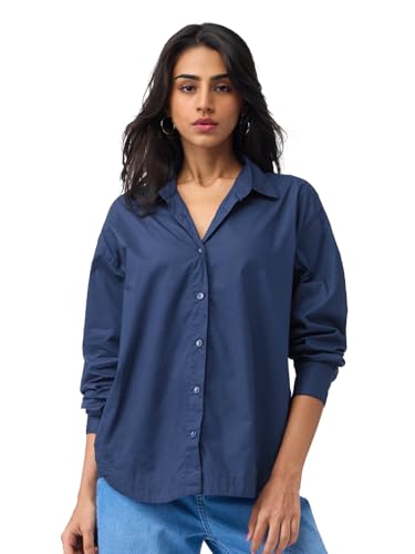 Image of The Souled Store Solids: Women and Girls Full Sleeves Spread Collar Solid Cotton Oversized Fit Lightweight Summer-Ready Casual Streetwear Boyfriend Shirt