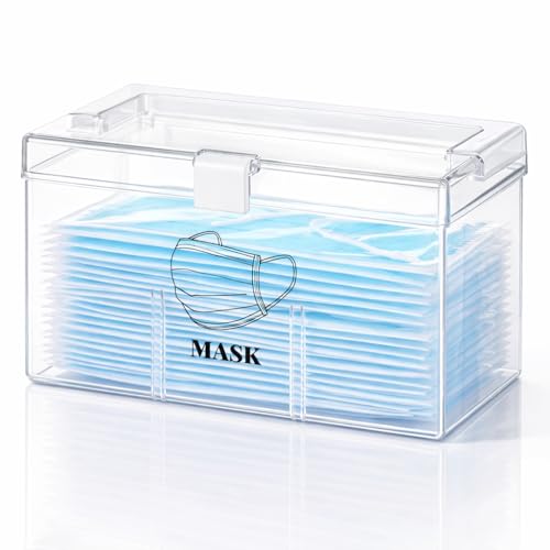 Yomjarl Face Mask Dispenser Box with Handle Countertop Mask Storage Box Holder Dust-Proof Mask Storage Case for Disposable Emesis Bag, Shoe Cover and Hairnet for Home Office Car Clear
