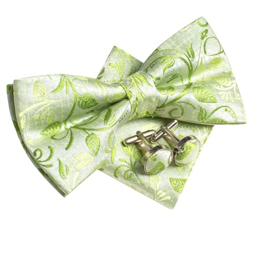 Image of Hi-Tie Pretied Bow Ties for Men Wedding Formal Bow Tie Handkerchief Cufflinks Lapel Pin Set Party Formal Mens Bowtie Set, Light Green Floral, Medium