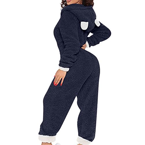 Christmas Onesie For Women Sexy Deep V-Neck Fleece Hooded Pajamas Zipper Sleepwear One-Piece Winter Jumpsuit Romper Navy #TOP6