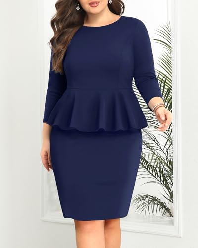 Pinup Fashion Business Dresses for Woman Plus Size - Church Work Office Peplum Pencil Boat Neck Knee Length Dress4