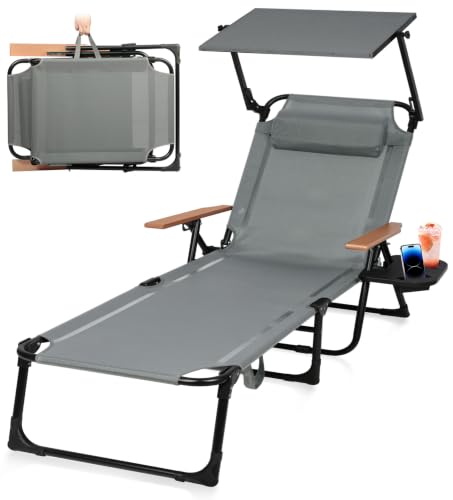 BQSWYD Sonnenliege Klappbar Wetterfest, 4-Fach Gartenliege mit Sonnenschutz & armlehne, Garten Liege mit Kopfkissen und Getränkehalter, Camping Liegestuhl für Garten, Terrasse, Pool