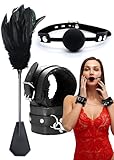French Tickler Leather Handcuffs for Grownups Breathable Mouth Silicone Ball, Feather Ticklers Teasers Fluffy Hand Cuff Set
