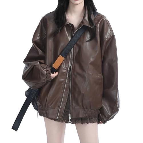 Veste bomber rétro zippée en similicuir coupe ample pour protéger du vent