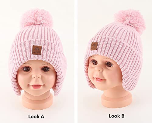 Tmtyh Toddler Winter Hat For Boys And Girls Fleece Lined Toddler Beanie Pom Pom Boys Winter Hat With Ear Flaps Pink #TOP1