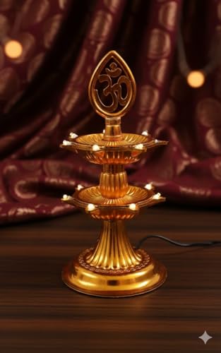 AVOXA Premium 2-Tier LED Electric Diya Lamp - Golden Finish Polymer Akhand Jyoti for Pooja Diwali & Home Decor - Smokeless Heat-Resistant Decorative Deepam with Om Symbol (Set of 1)
