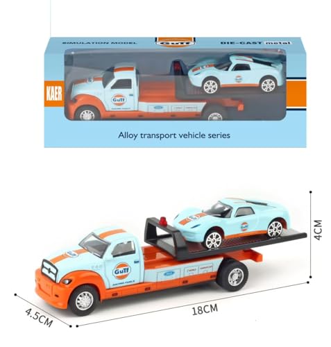 Image of 1:64 Gulf Racing Porsche 911 GT3 RS Die-Cast Sports Car with Fuel Transporter Truck - Alloy Pull Back Vehicle Toy for Kids & Collectors