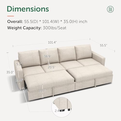 Image of HONBAY Modular Sectional Sleeper Sofa Bed, with Pull Out Bed, Linen Convertible Sectional Couches for Living Room - Beige