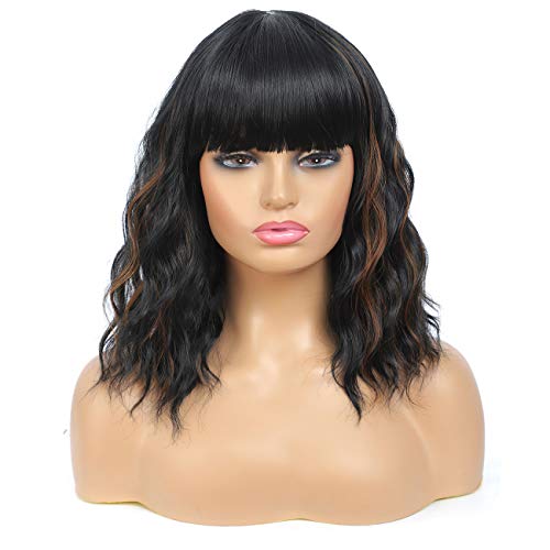 Ladyrite Short Wavy Bob Wigs with Bangs for Women Shoulder Length Cosplay Wigs Daily Party Synthetic Heat Resistant Fiber Hair Black Mix Brown 12''